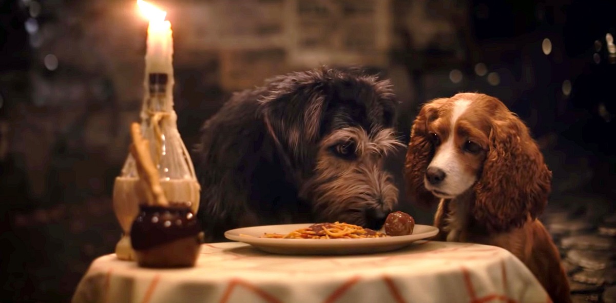 Live-action replication of the famous meatball scene in Lady and the Tramp (2019)