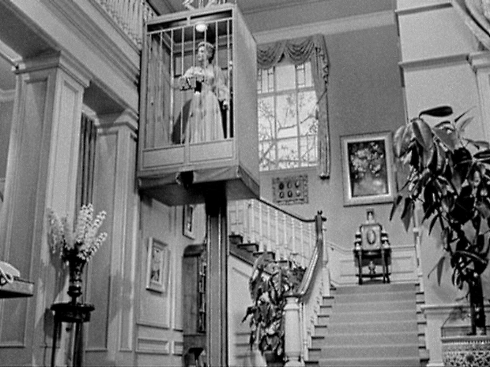 Olivia de Havilland trapped in an elevator cage in Lady in a Cage (1964)