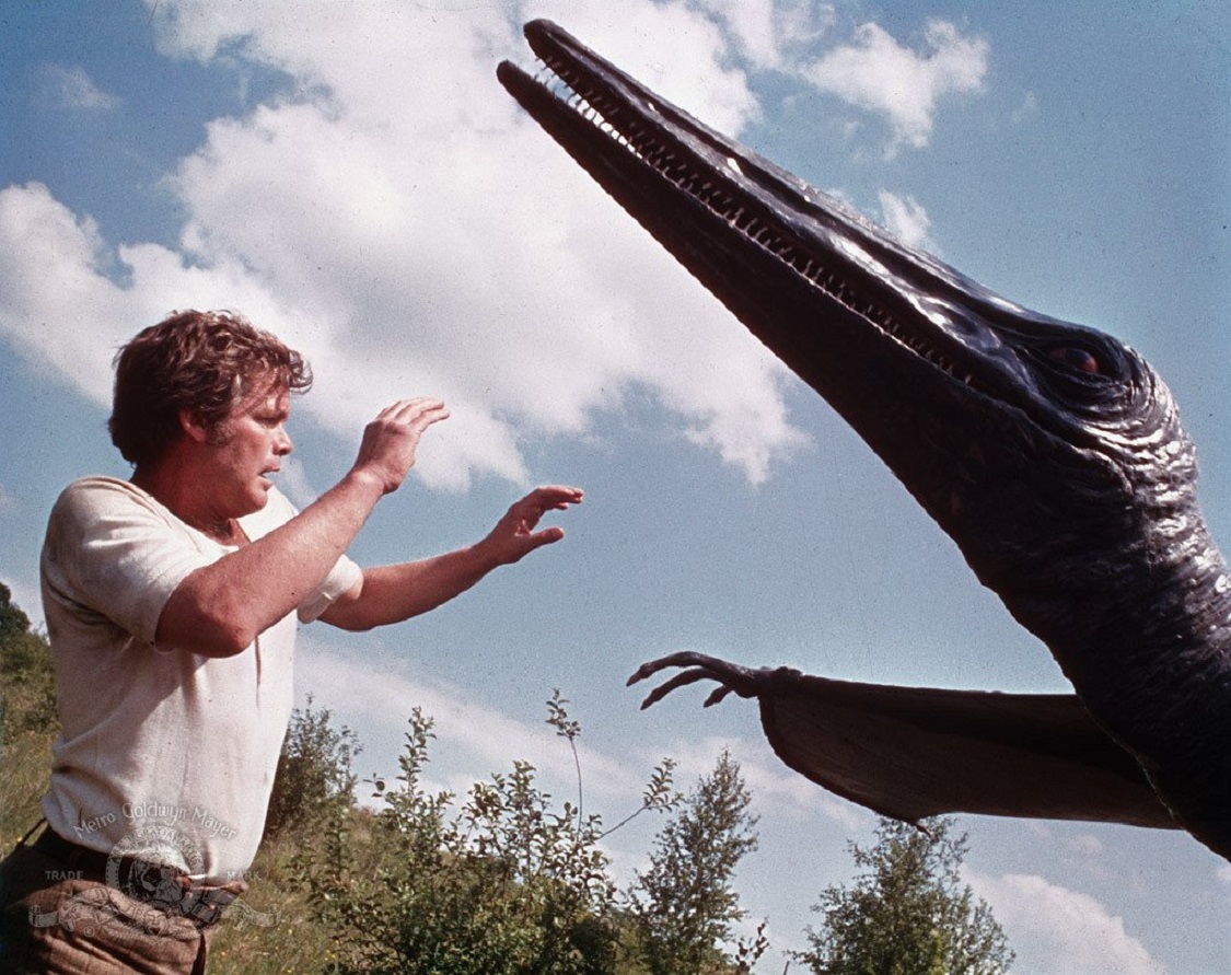 Bowen Tyler (Doug McClure) encounters a pterodactyl in The Land That Time Forgot (1974)