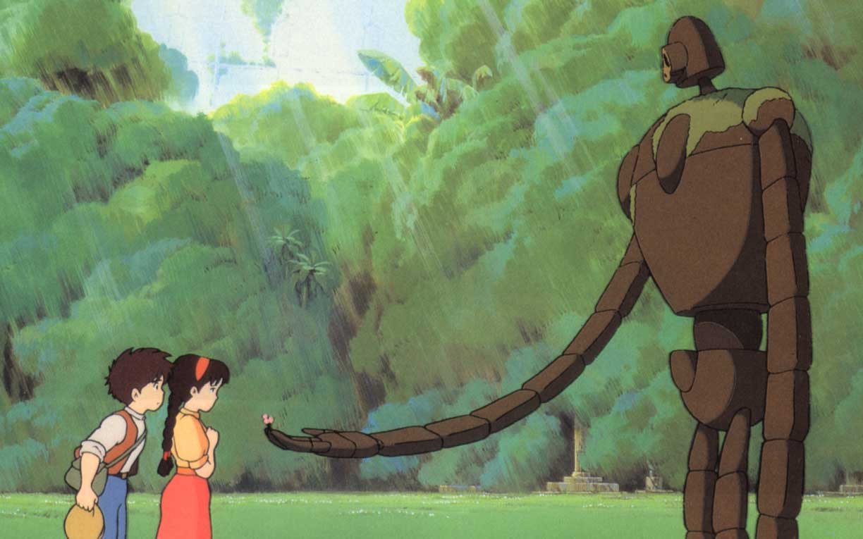 Sheeta and Pazu encounter the guardian robot in Laputa: Castle in the Sky (1986)