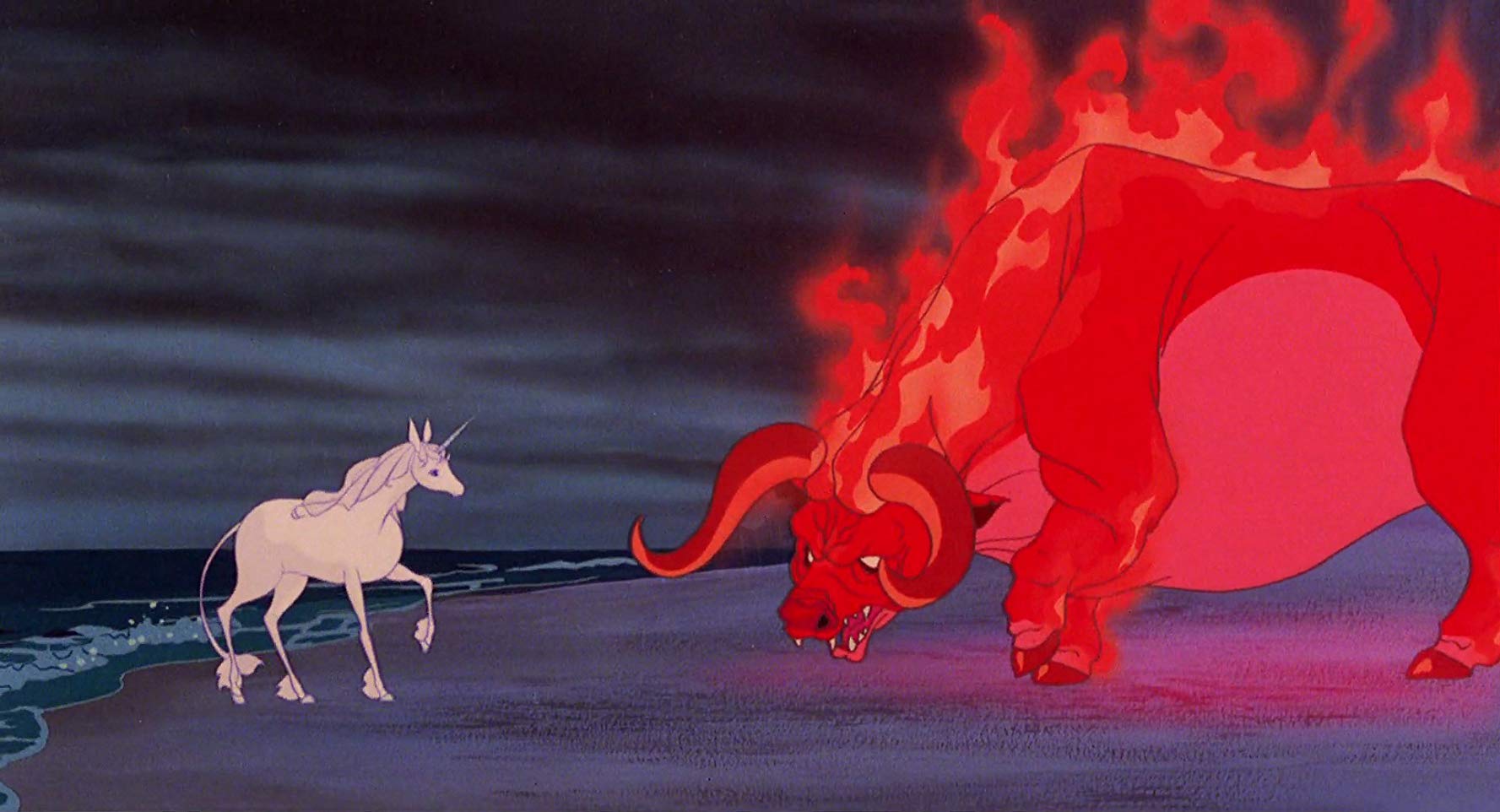 The unicorn faces the Red Bull in The Last Unicorn (1982)