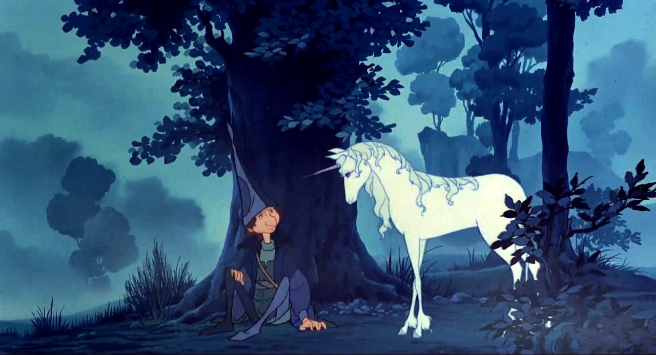 The wizard Schmendrick (voiced by Alan Arkin) and the unicorn (voiced by Mia Farrow) in The Last Unicorn (1982)