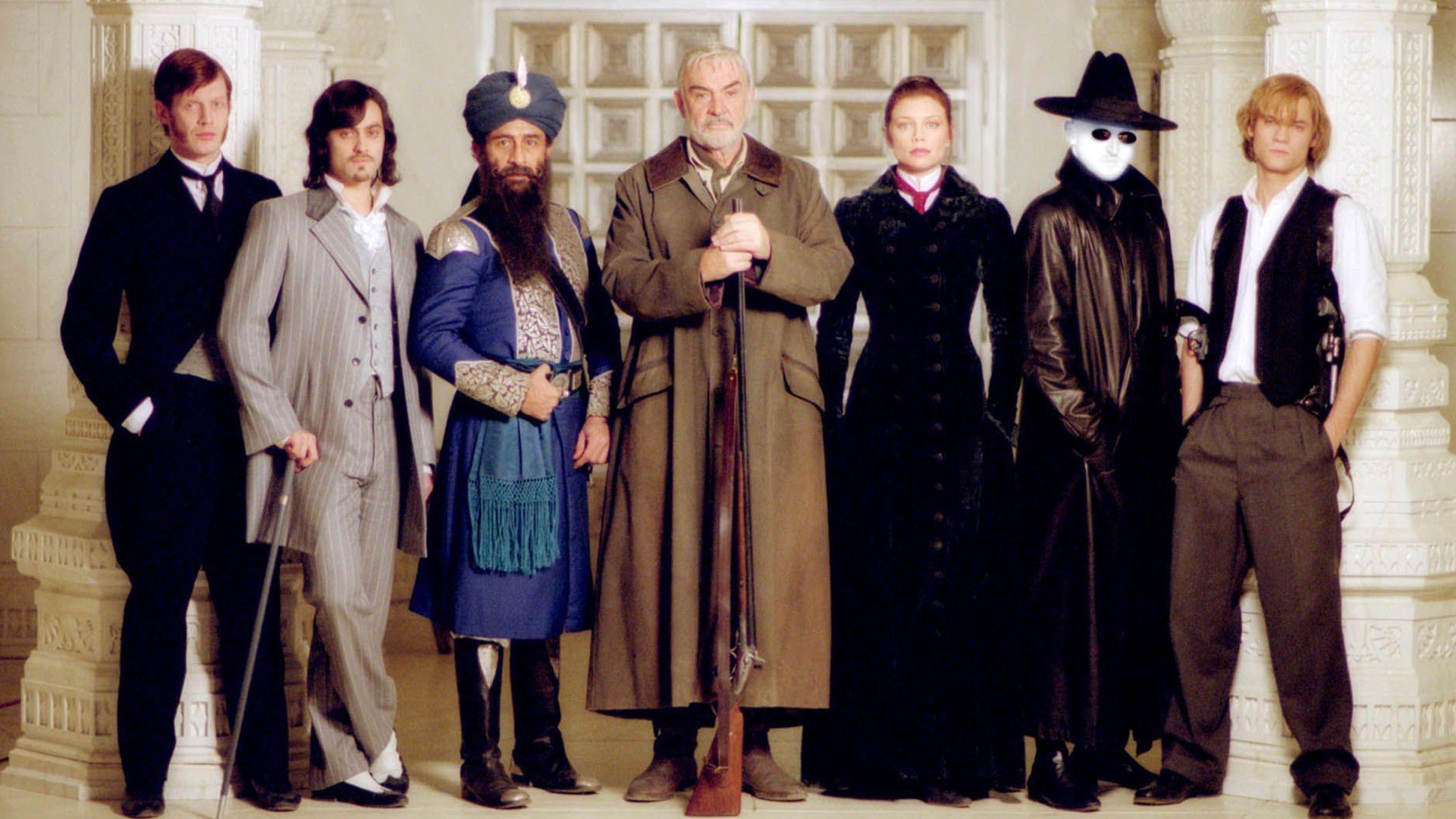 Dr Jekyll (Jason Flemyng), Dorian Gray (Stuart Townsend), Captain Nemo (Naseeruddin Shah), Allan Quatermain (Sean Connery), Mina Harker (Peta Wilson), The Invisible Man (Tony Curran) and Tom Sawyer (Shane West) in The League of Extraordinary Gentlemen (2003)