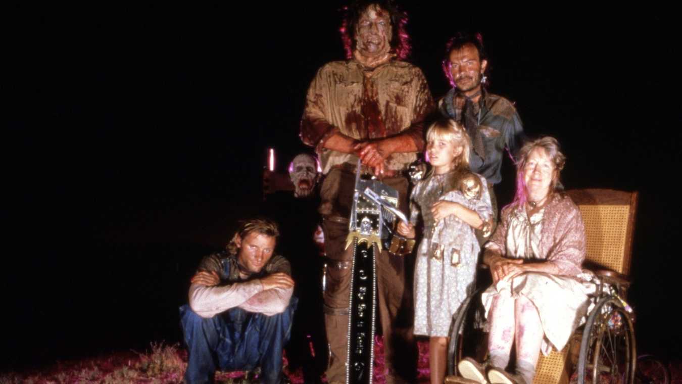 The backwoods family - (l to r) Eddie (Viggo Mortensen), Grandpa, Leatherface (R.A. Mihailoff), Little Girl (Jennifer Banko), Tink (Joe Unger) and Mama (Miriam Byrd-Nethery) in Leatherface: Texas Chainsaw Massacre III (1990)