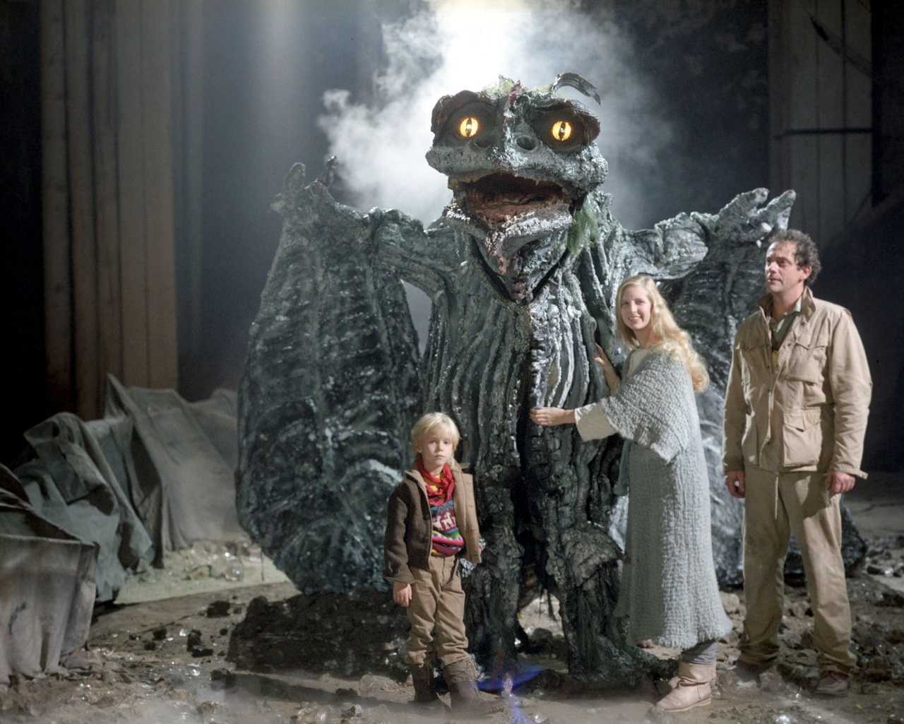 Stephan, Allison Balson and Christopher Lloyd with the dragon in Legend of the White Horse (1986)