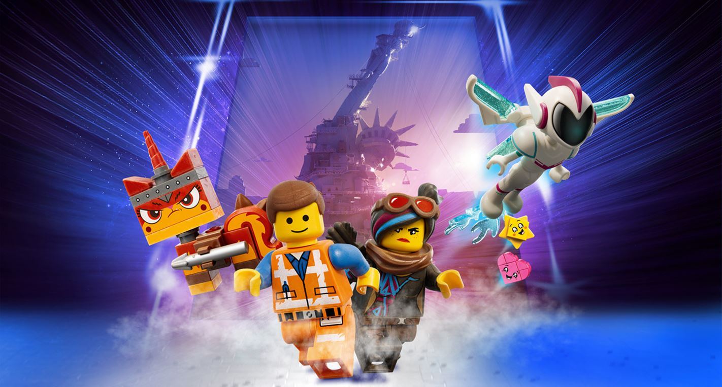 In action (l to r) Unikitty, Emmet, Lucy and General Mayhem with the ruins of Apocalypseburg in the background in The Lego Movie 2 (2019)