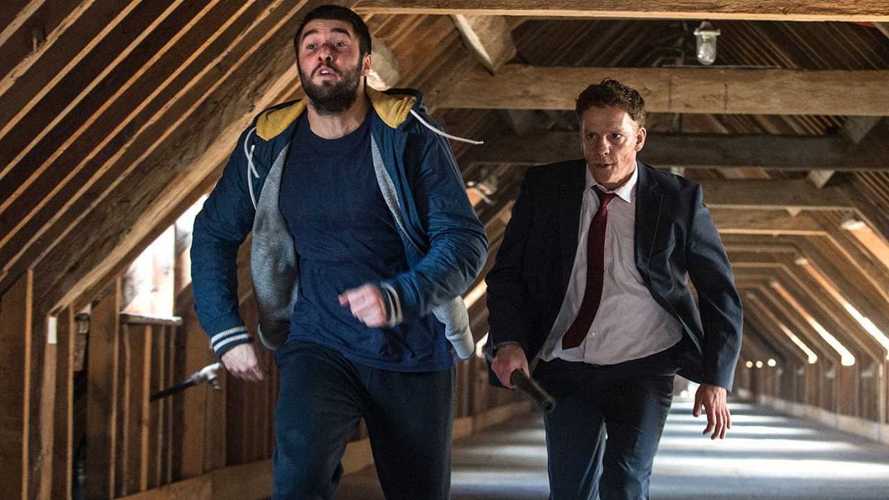 Matt (Josh Bowman) under attack by The Business Man (Will Houston) in Level Up (2016)