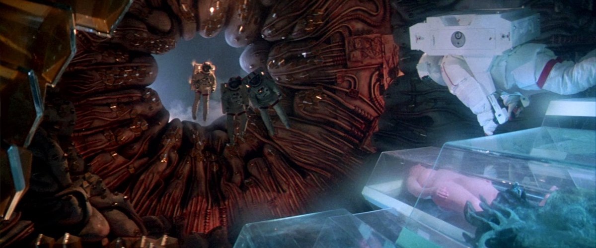 The crew of the space shuttle Churchill investigate the alien ship in Lifeforce (1985)