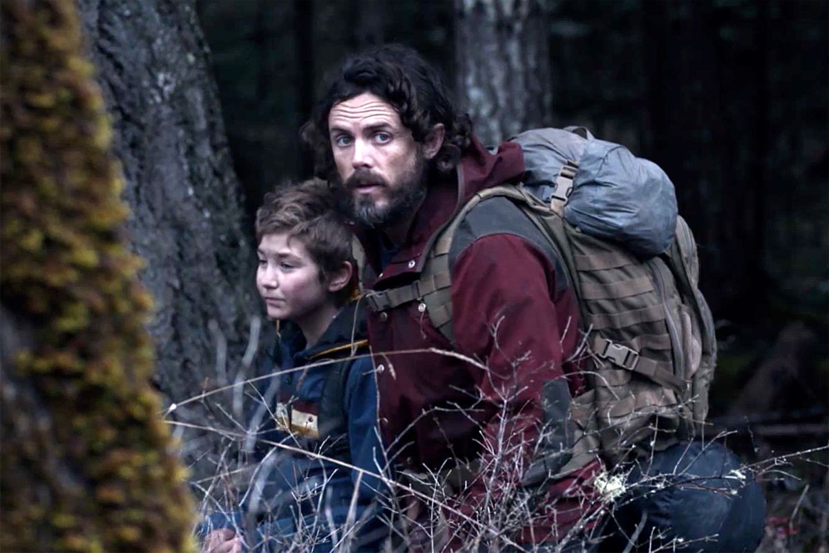 Casey Affleck (also the film's director and writer) tries to survive in the woods with his daughter Anna Pniowsky in Light of My Life (2019)