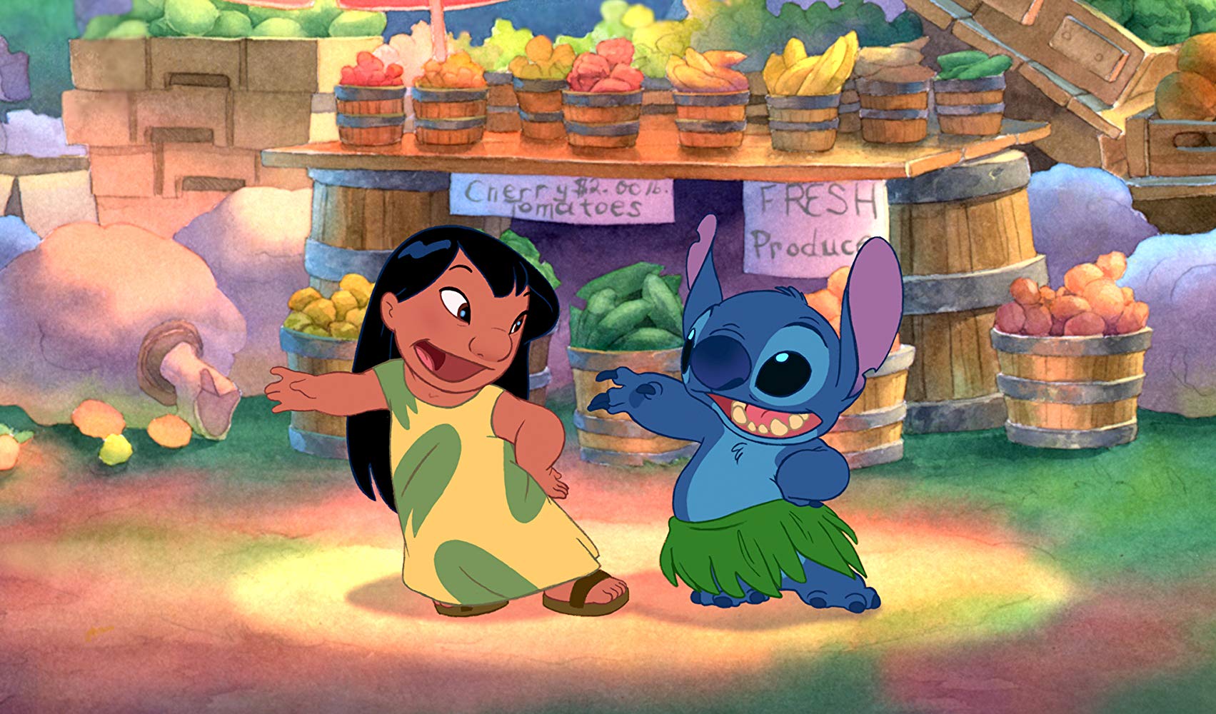 Lilo (voiced by Daveigh Chase) and Stitch aka Experiment 626 (voiced by co-director Chris Sanders) in Lilo & Stitch (2002)