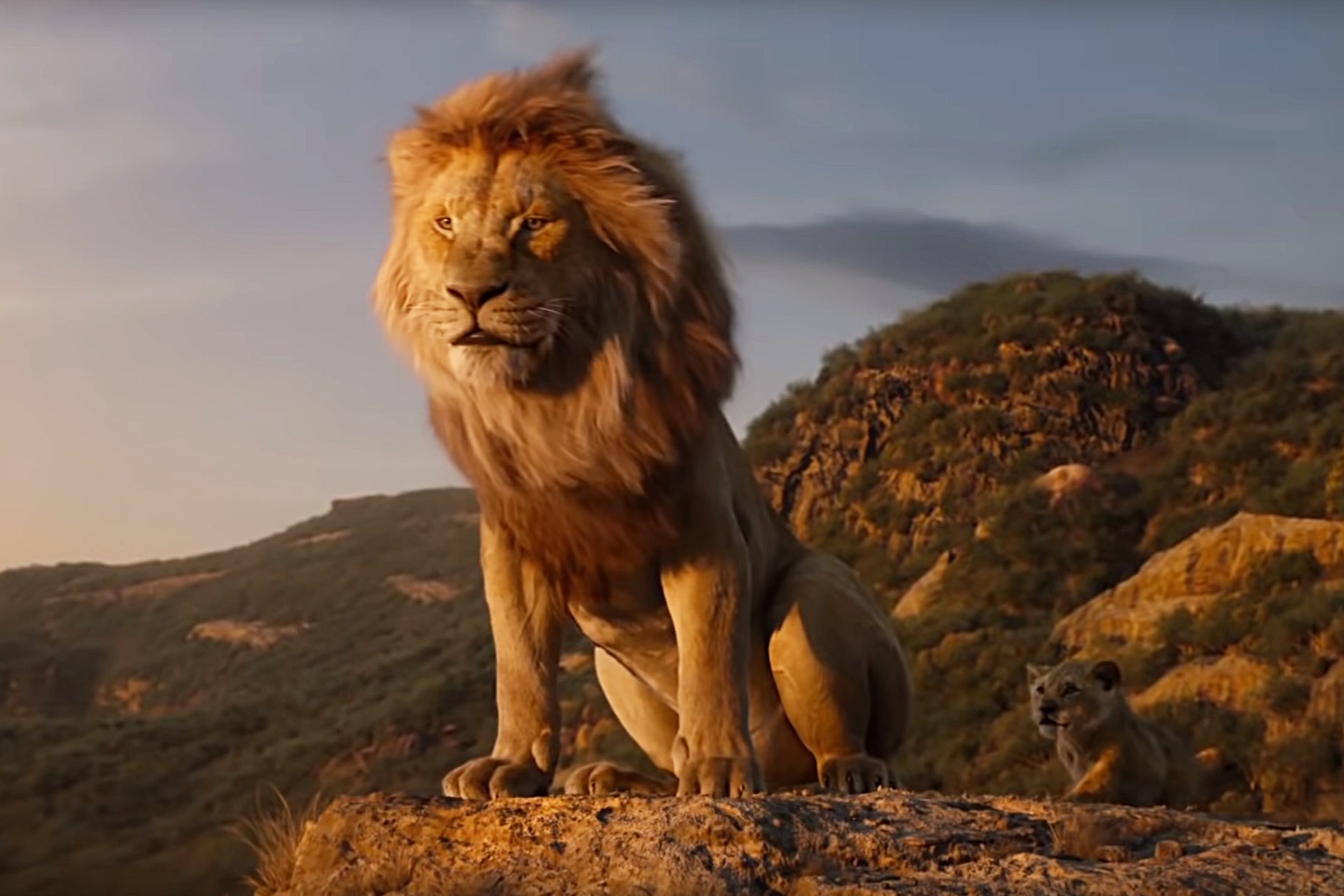 Father and son - Mufasa and Simba on Pride Rock in The Lion King (2019)