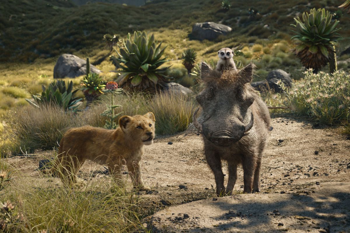 Simba (voiced by Donald Glover) with Pumbaa (voiced by Seth Rogen) and Timon (voiced by Billy Eichner) in The Lion King (2019)