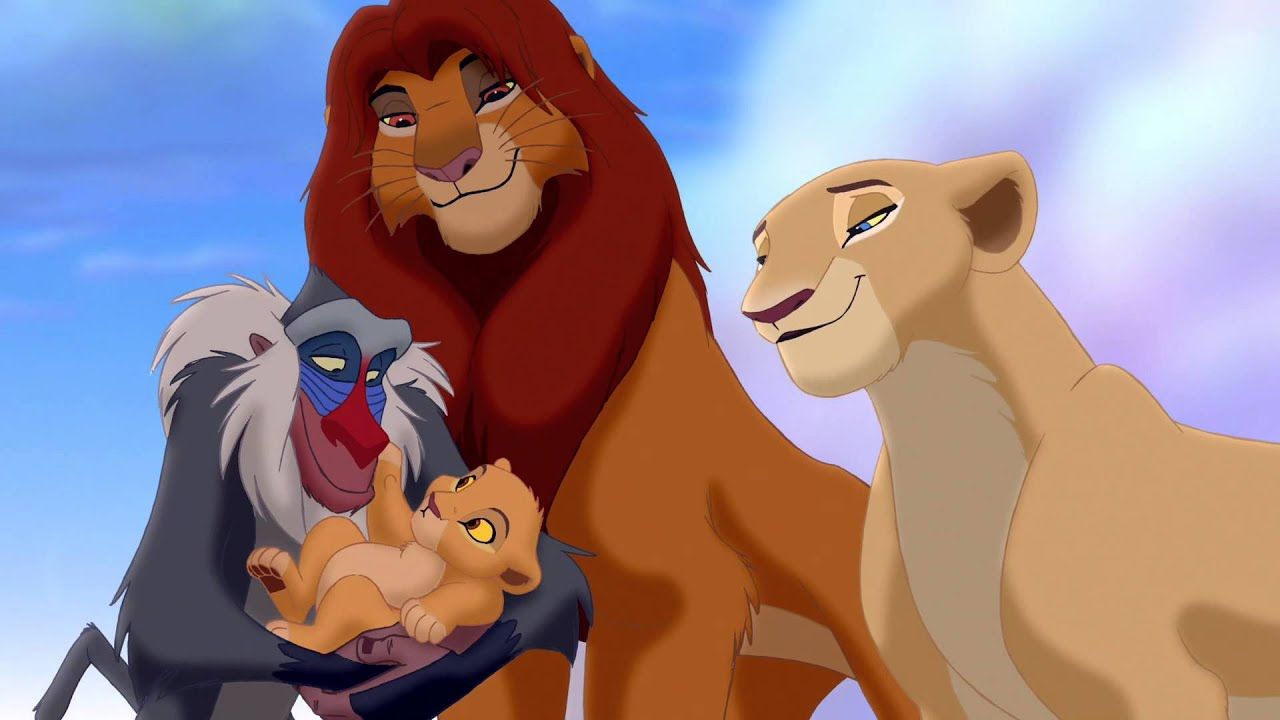 Simba and Nala welcome a daughter Kiara as held by Rafiki in The Lion King II Simba's Pride (1998)