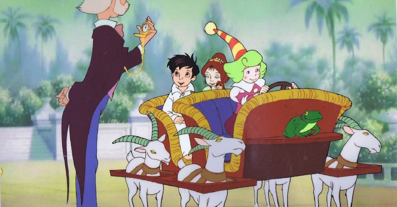 Little Nemo and Camille set out on a journey by goat-drawn carriage in Little Nemo: Adventures in Slumberland (1989)