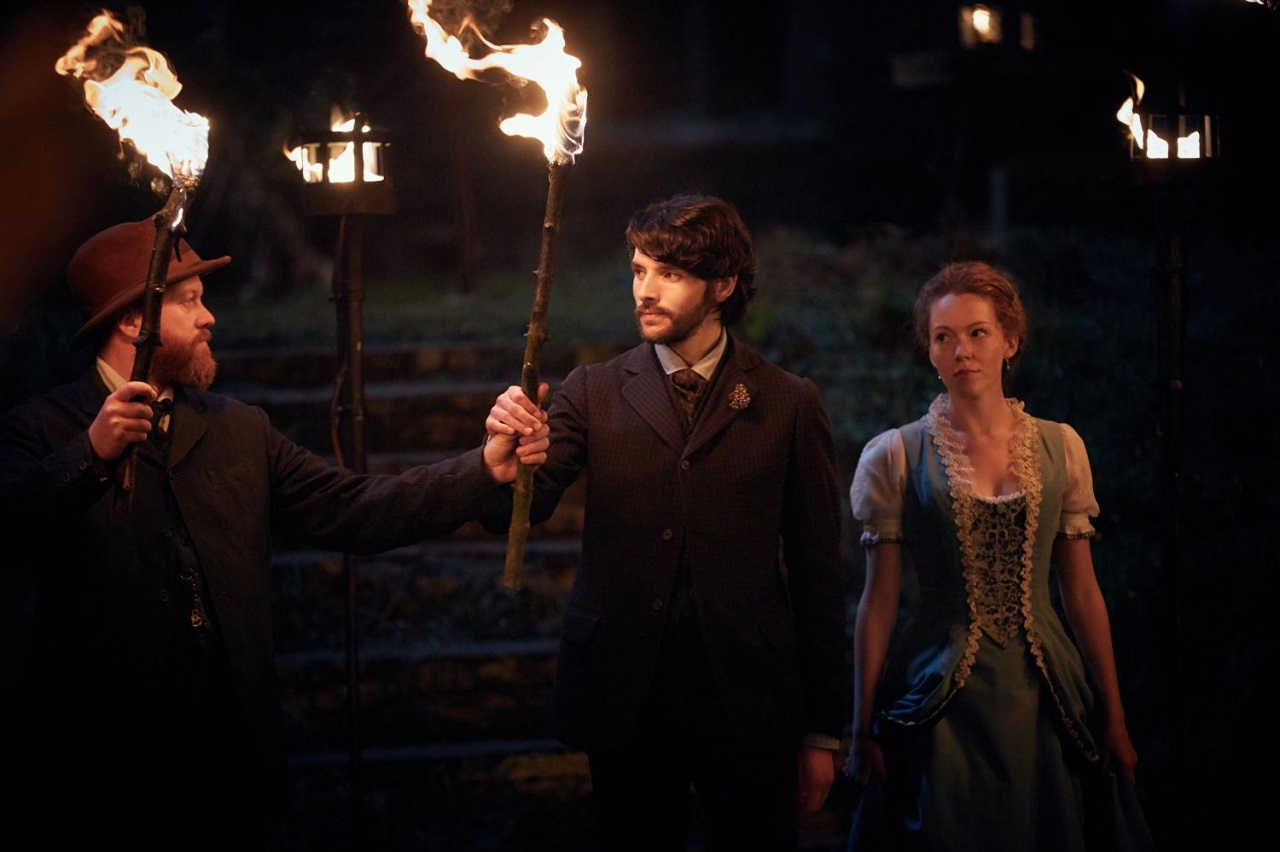 Steve Oram, Colin Morgan and Charlotte Spencer in The Living and the Dead (2016)