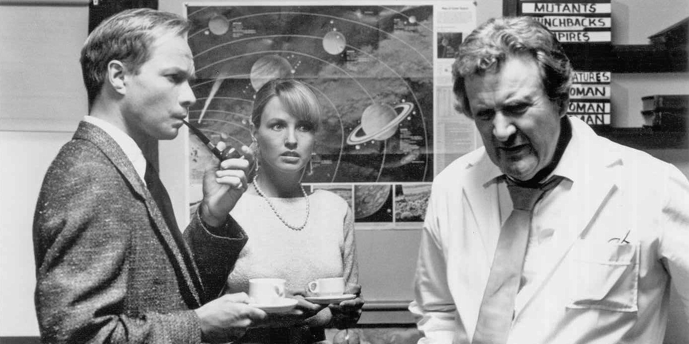 (l to r) Anthony Hickox (later to become a director), Deborah Foreman and scientist Patrick MacNee in Lobster Man from Mars (1989)