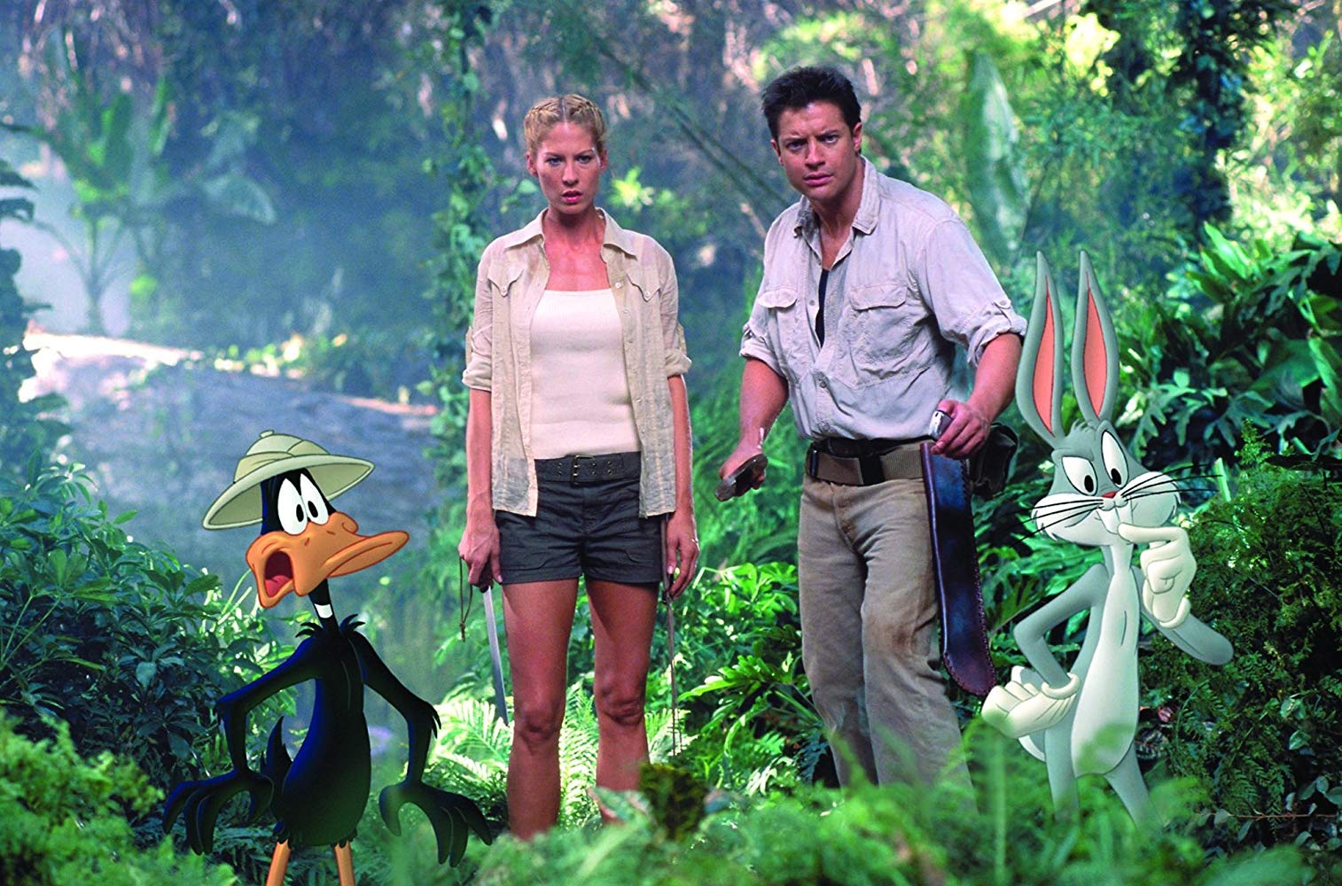 Jenna Elfman and Brendan Fraser, along with Daffy Duck and Bugs Bunny on an adventure in Africa in Looney Tunes: Back in Action (2003)