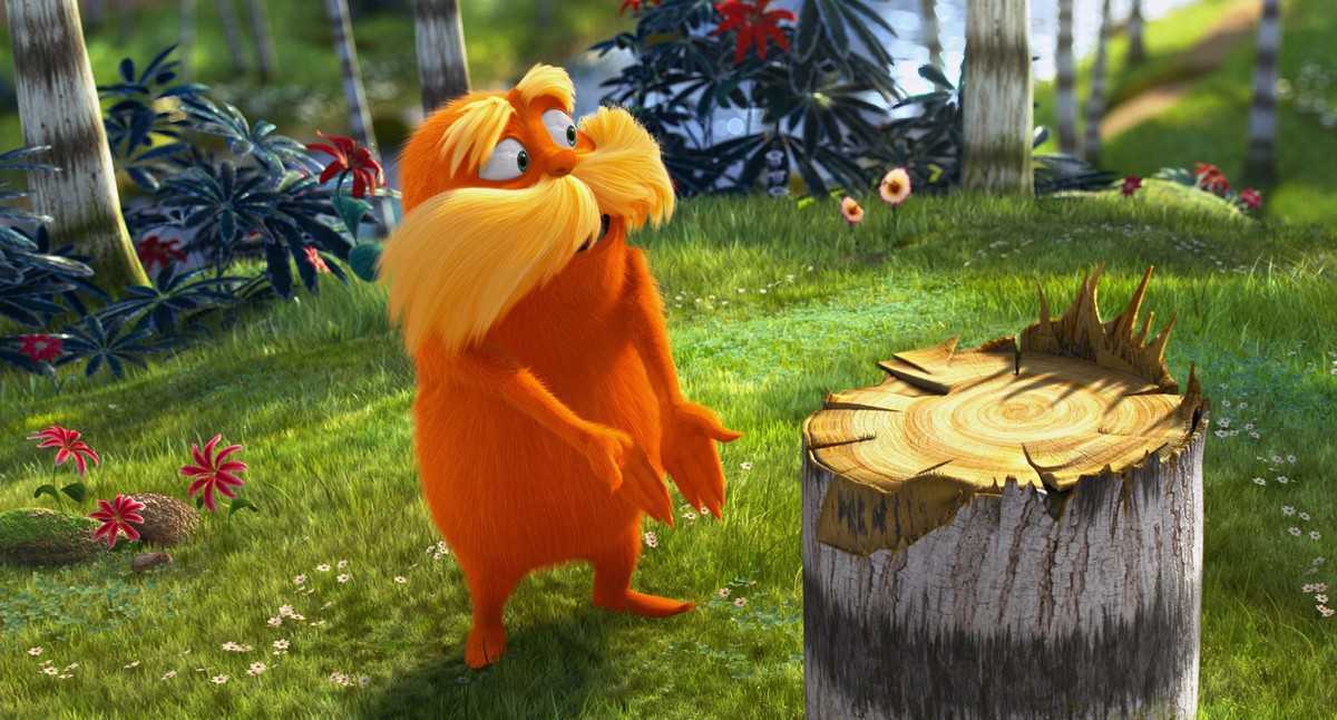 The Lorax (voiced by Danny DeVito) finds one of his trees has been chopped down in The Lorax (2012)