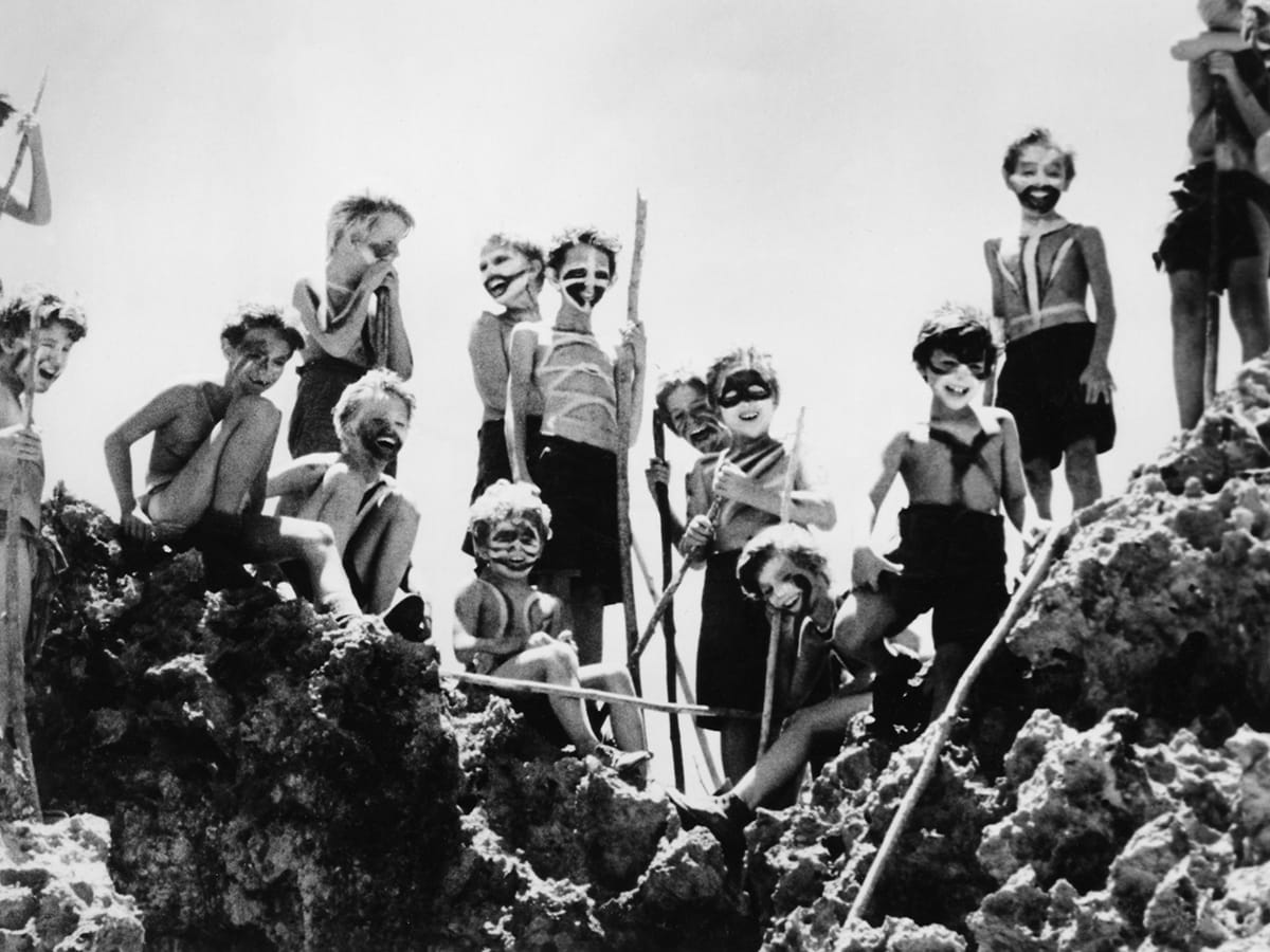 Descent into barbarism among a group of boys stranded on an island in Lord of the Flies (1963)