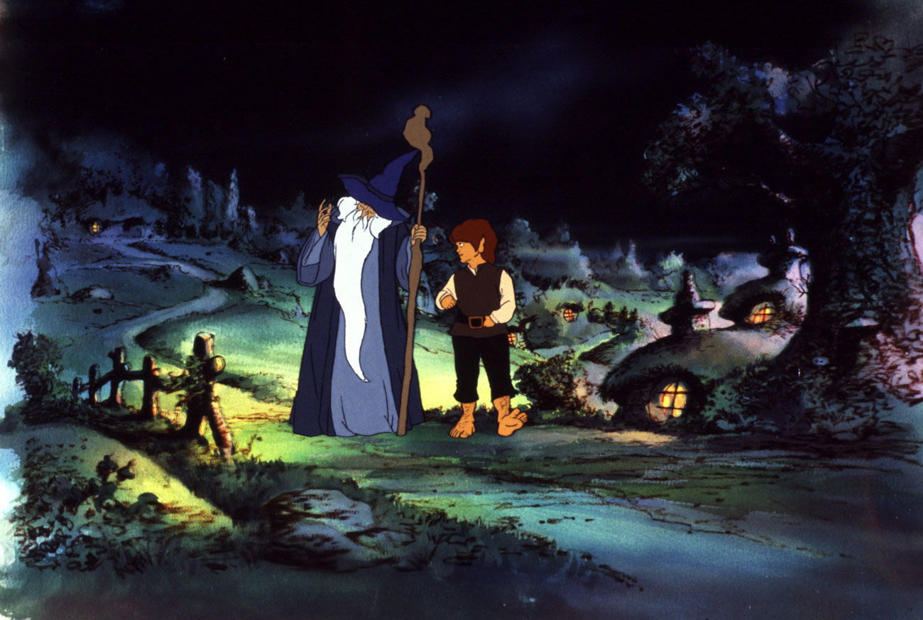 (l to r) Gandalf (voiced by William Squire) and Frodo Baggins (voiced by Christopher Guard) in The Shire in The Lord of the Rings (1978)