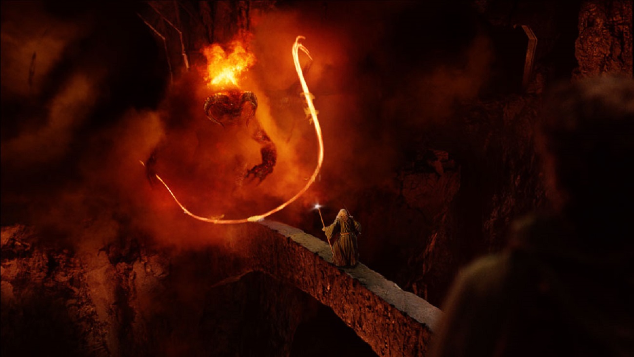 Gandalf (Ian McKellen) confronts the Balrog at the Bridge of Khazad-Dum in The Lord of the Rings: The Fellowship of the Ring (2001)