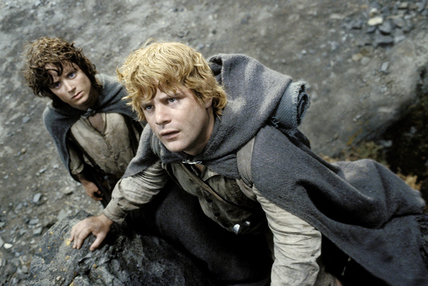 Frodo Baggins (Elijah Wood) and Samwise Gamgee (Sean Astin) travel on to Mordor in The Lord of the Rings The Return of the King (2003)