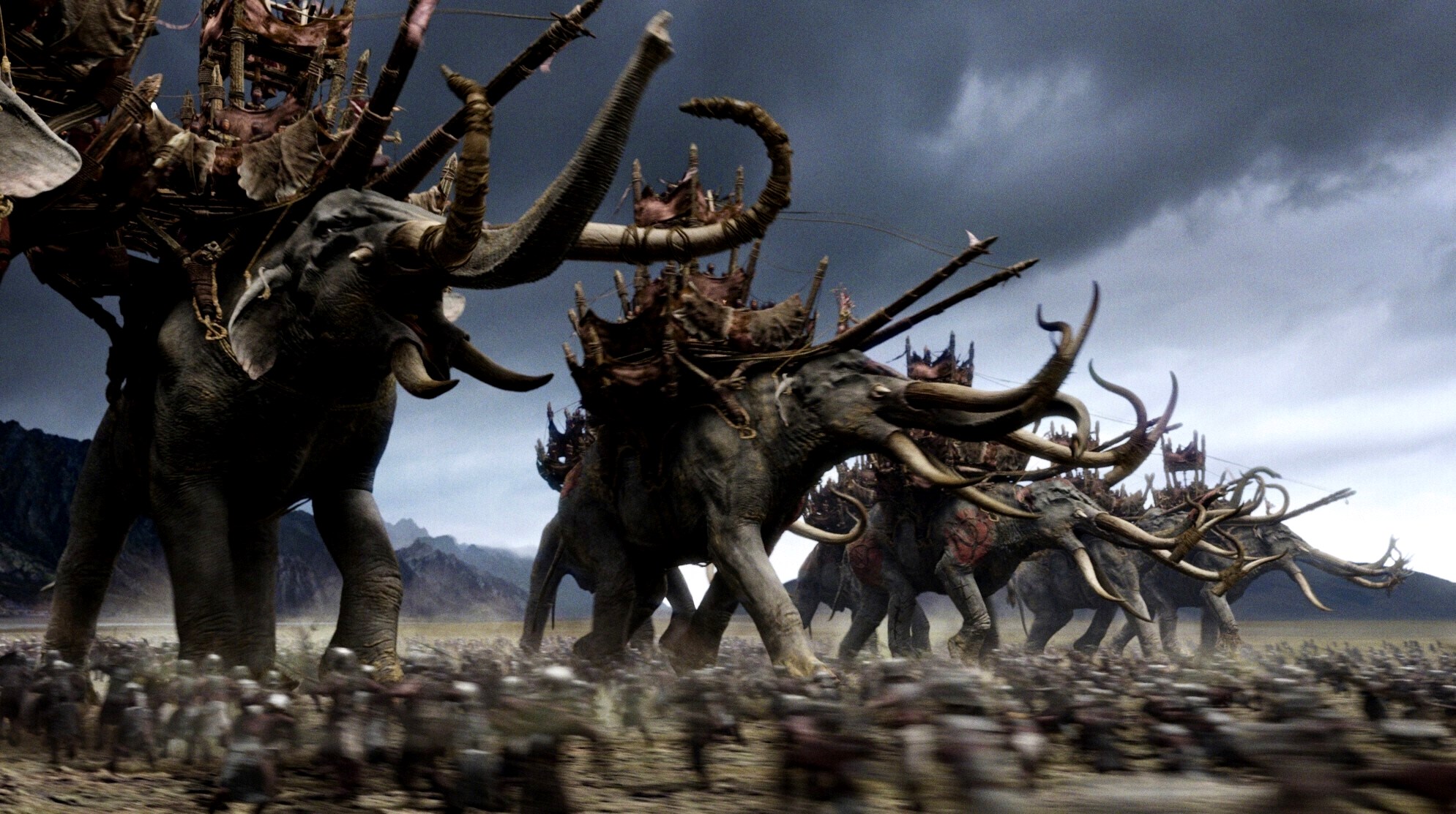 The oliphants ride into combat at the Battle of Pelennor Fields in The Lord of the Rings: The Return of the King (2003)