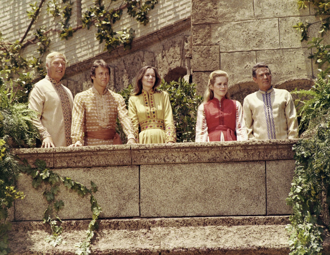 The Westerners in Shangri-La - (l to r) George Kennedy, Bobby Van, Olivia Hussey, Liv Ullman and Peter Finch in Lost Horizon (1973)