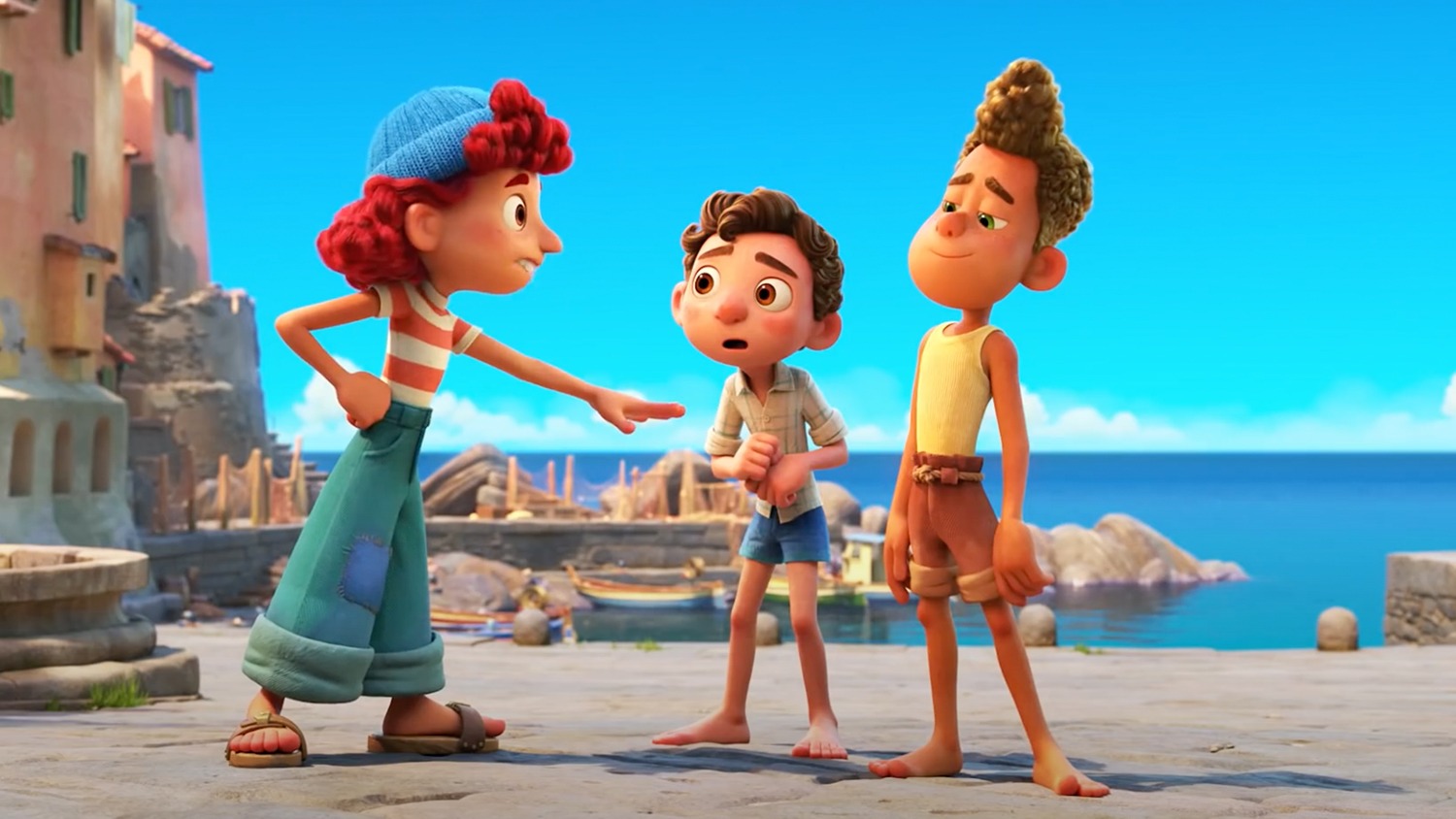 Giulia (voiced by Emma Berman with Luca (voiced by Jacob Tremblay) and Alberto (voiced by Jack Dylan Grazer) in Luca (2021)