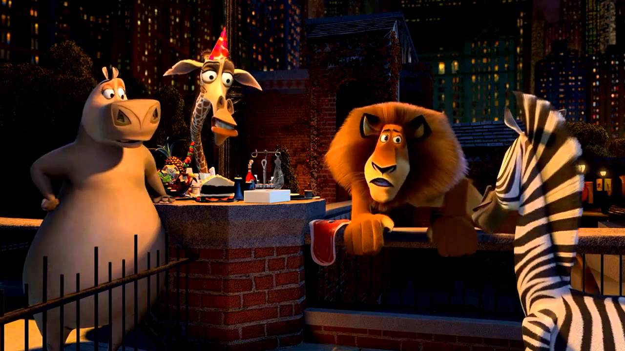 (l to r) Gloria the Hippo (voice by Jada Pinkett Smith), Melman the giraffe (voiced by David Schwimmer), Alex the lion (voiced by Ben Stiller) and Marty the zebra (voiced by Chris Rock) contemplate escape from th New York City zoo in Madagascar (2005)