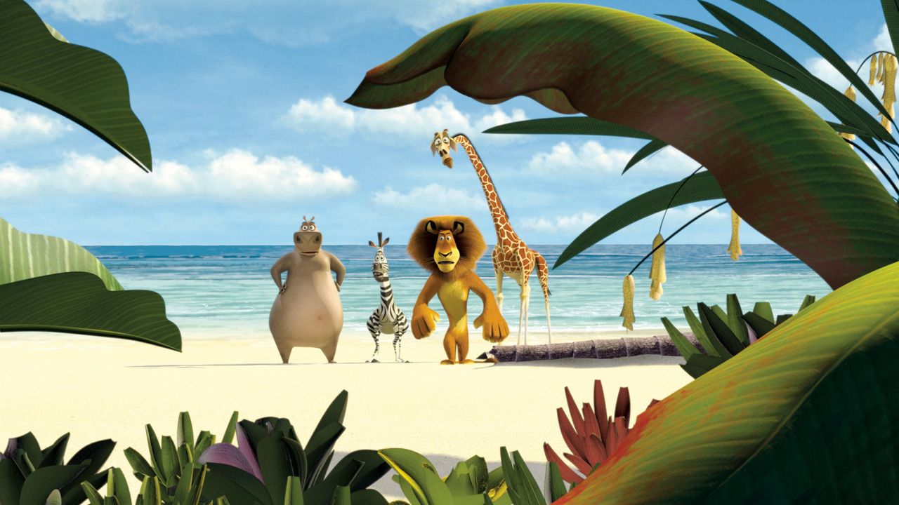 The animals arrive on the shores of Madagascar - (l to r) Gloria the Hippo (voice by Jada Pinkett Smith), Marty the zebra (voiced by Chris Rock), Alex the lion (voiced by Ben Stiller) and Melman the giraffe (voiced by David Schwimmer) in Madagascar (2005)