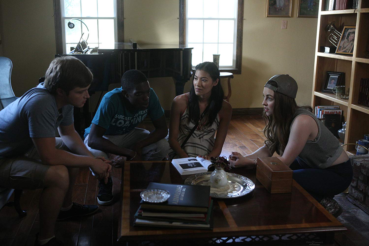 Students try to prove their professor is The Man From Earth - Sterling Knight, Carlos Knight, Akemi Look and Brittany Curran in The Man From Earth: Holocene (2017)