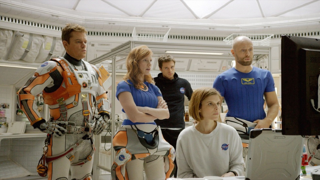 The crew of the Ares III expedition - (l to r) Matt Damon, Jessica Chastain, Sebastian Stan, Rooney Mara, Aksel Hennie in The Martian (2015)