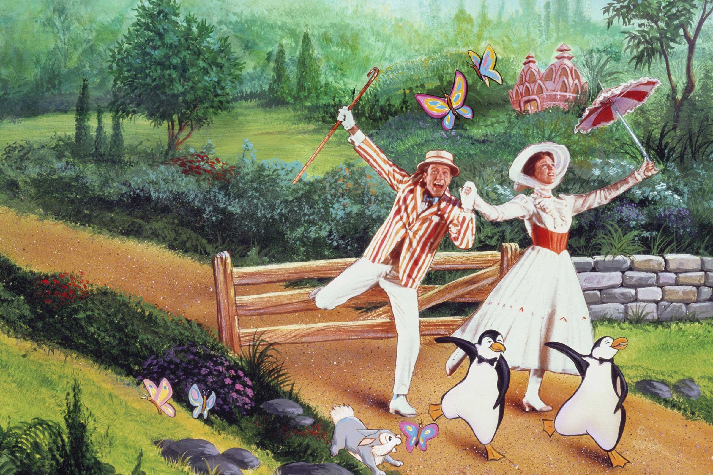 Bert (Dick Van Dyke) and Mary Poppins (Julie Andrews) go dancing with penguins during the animated interlude in Mary Poppins (1964)