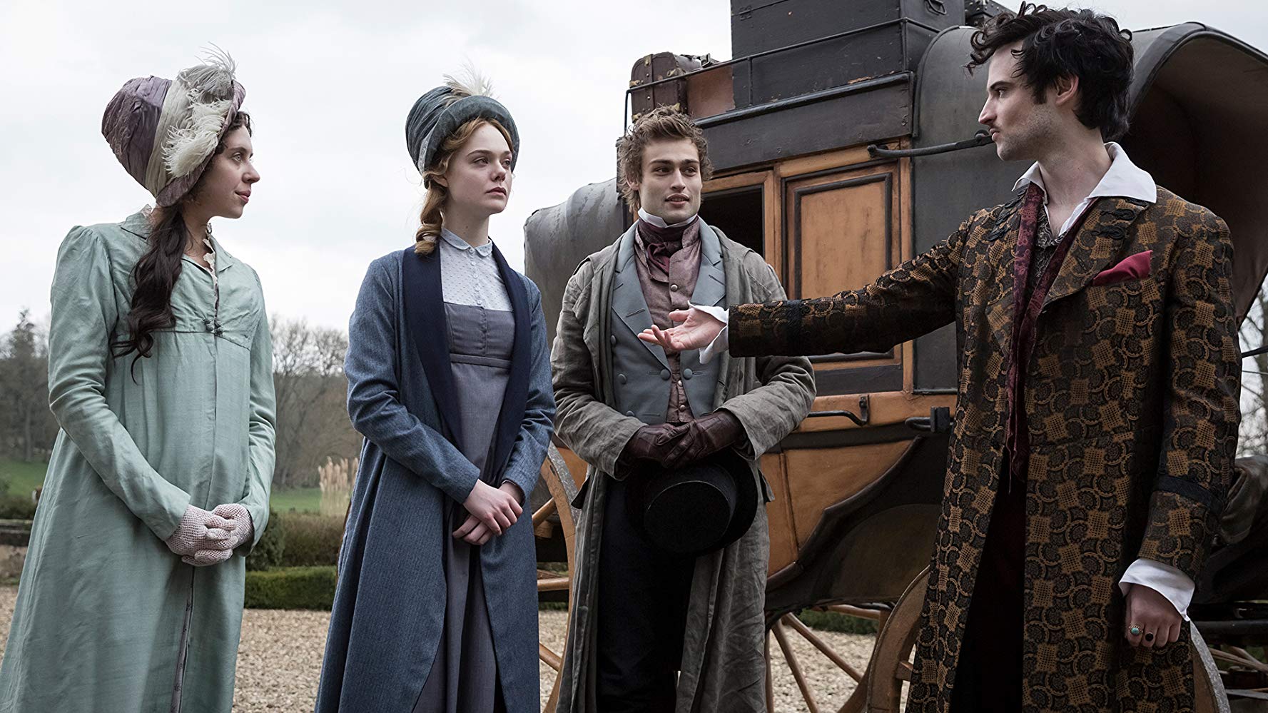 Arrival at the Villa Diodati - Claire Clairmont (Bel Powley), Mary Shelley (Elle Fanning), Percy Shelley (Douglas Booth), Lord Byron (Tom Sturridge)