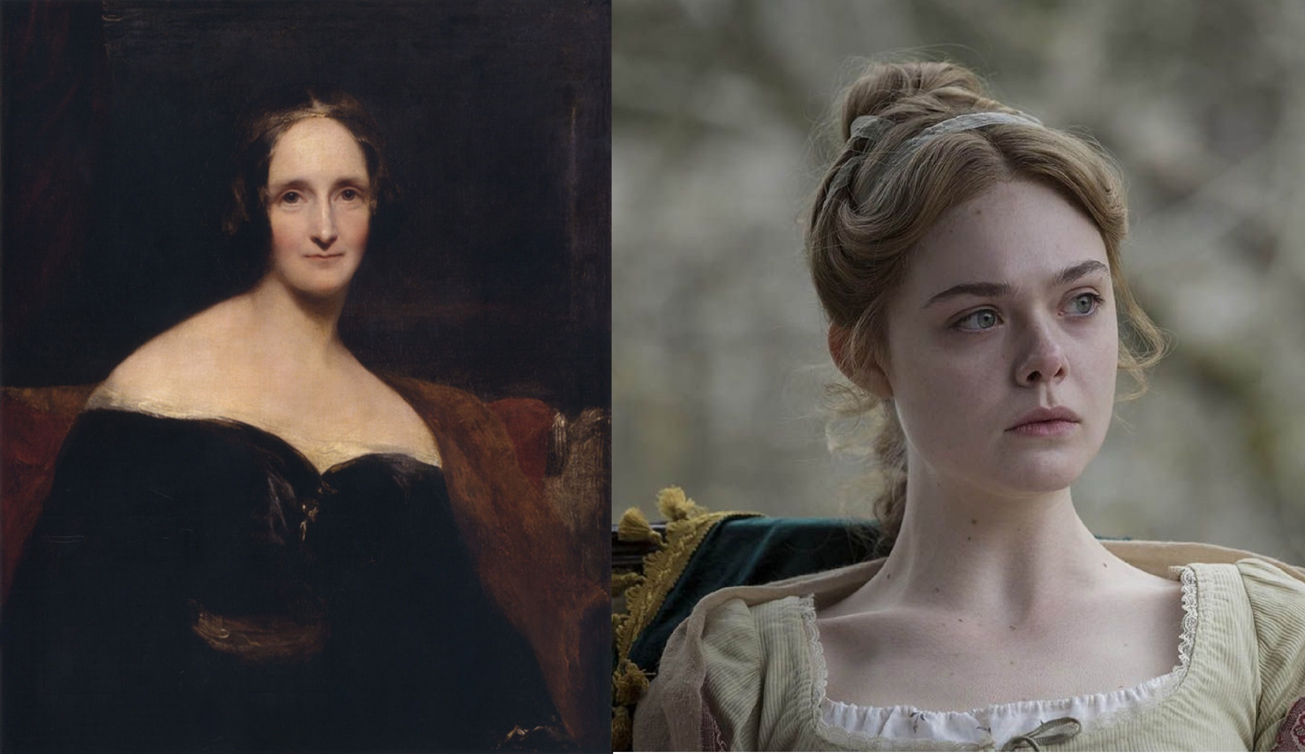 Portrait of Mary Shelley vs Elle Fanning playing Mary Shelley in the film