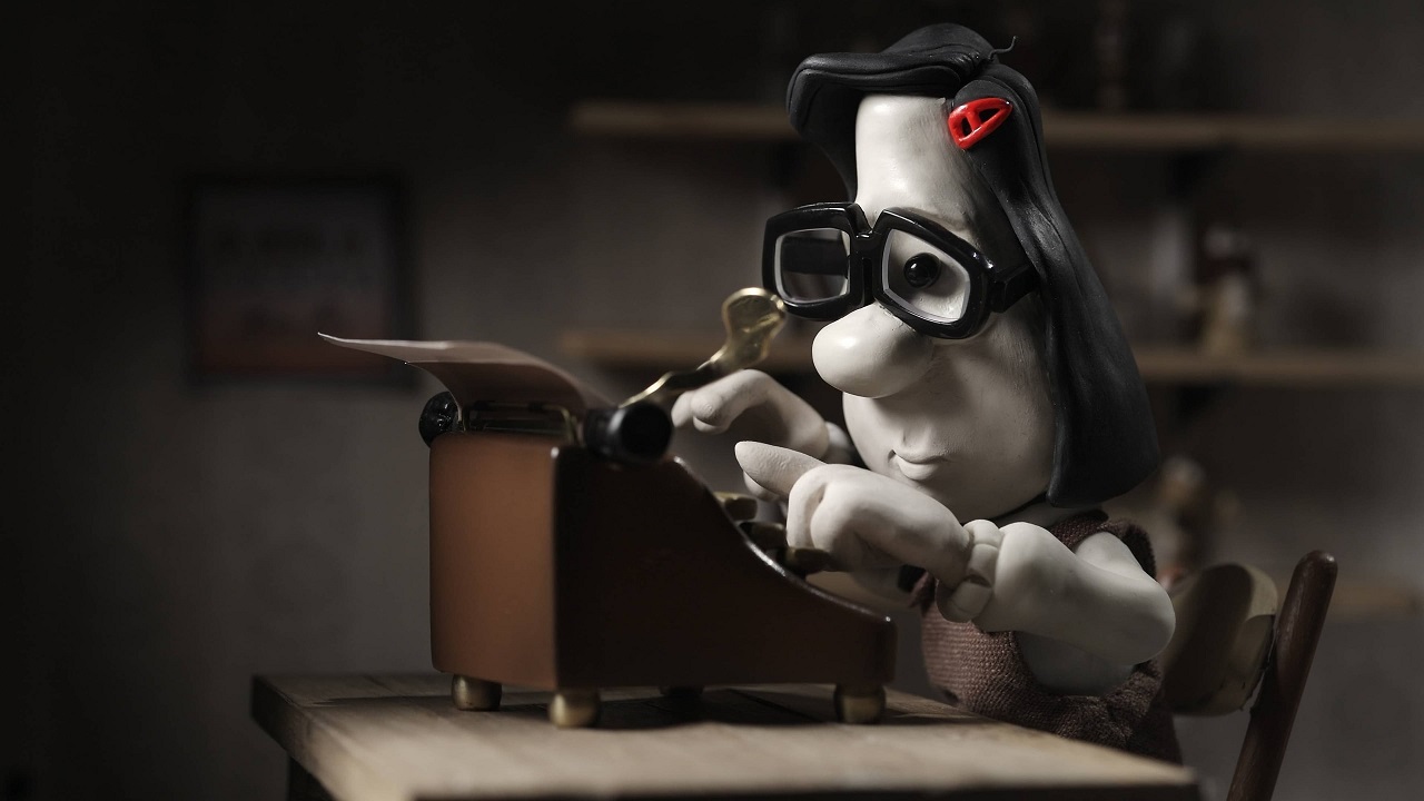 Eight year-old Mary Daisy Dinkle (voiced by Toni Collette) at her typewriter in Mary and Max (2009)