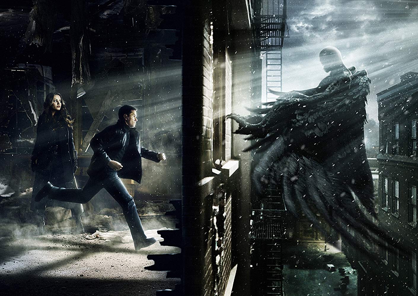 Mila Kunis and Mark Wahlberg encounter a Valkyrie in Max Payne (2008)