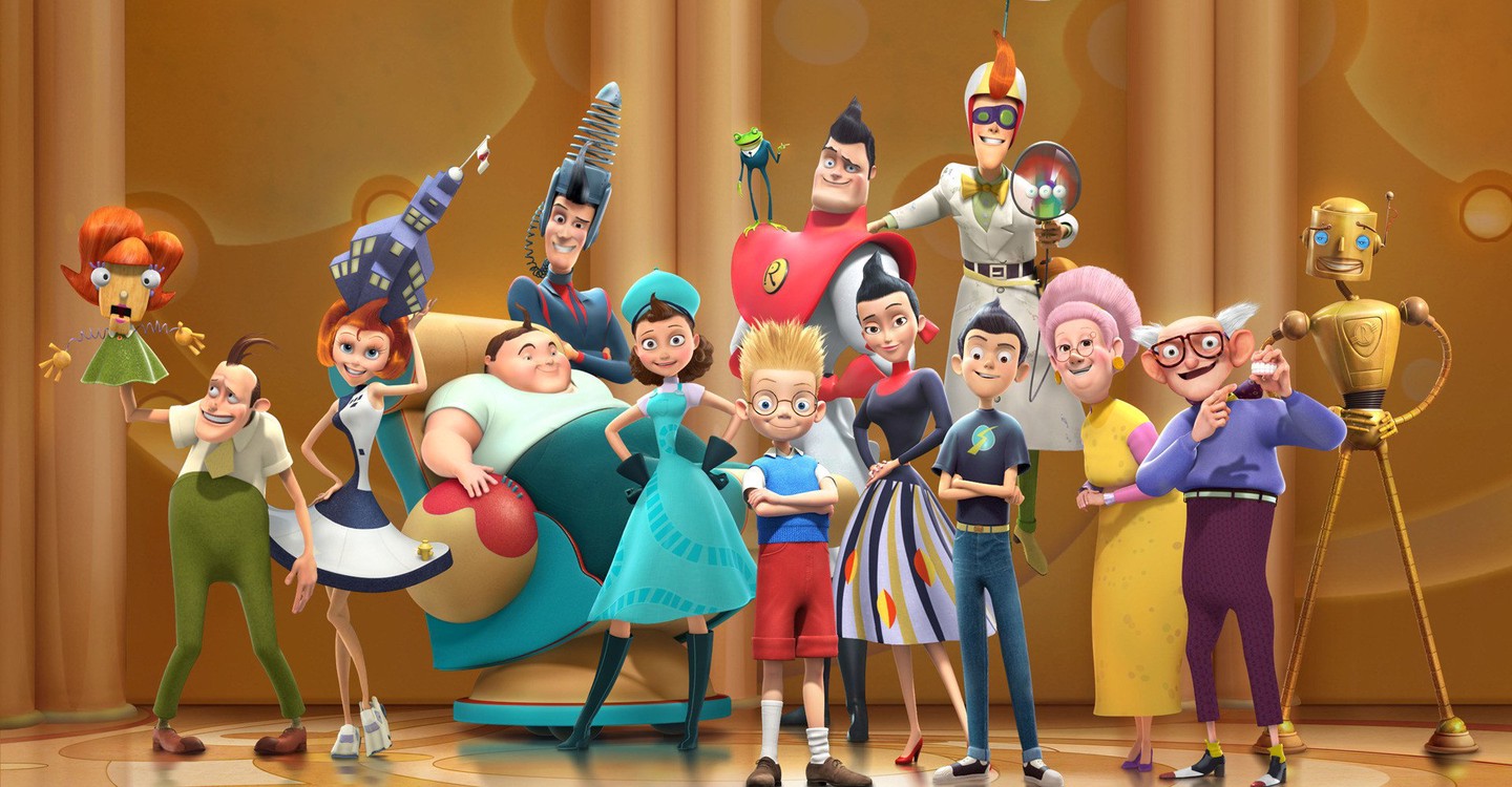 Louis (front centre) surrounded by the eccentric Robinson family in Meet the Robinsons (2007)