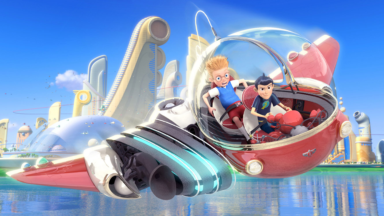 (l to r) Louis (voiced by Jordan Fry and Daniel Hansen) is taken to the future by Wilbur Robinson (voiced by Wesley Singerman) in his flying car in Meet the Robinsons (2007)