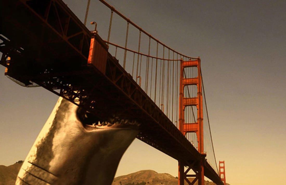 The Mega Shark takes a bite from the Golden Gate Bridge in Mega Shark vs Giant Octopus (2009)