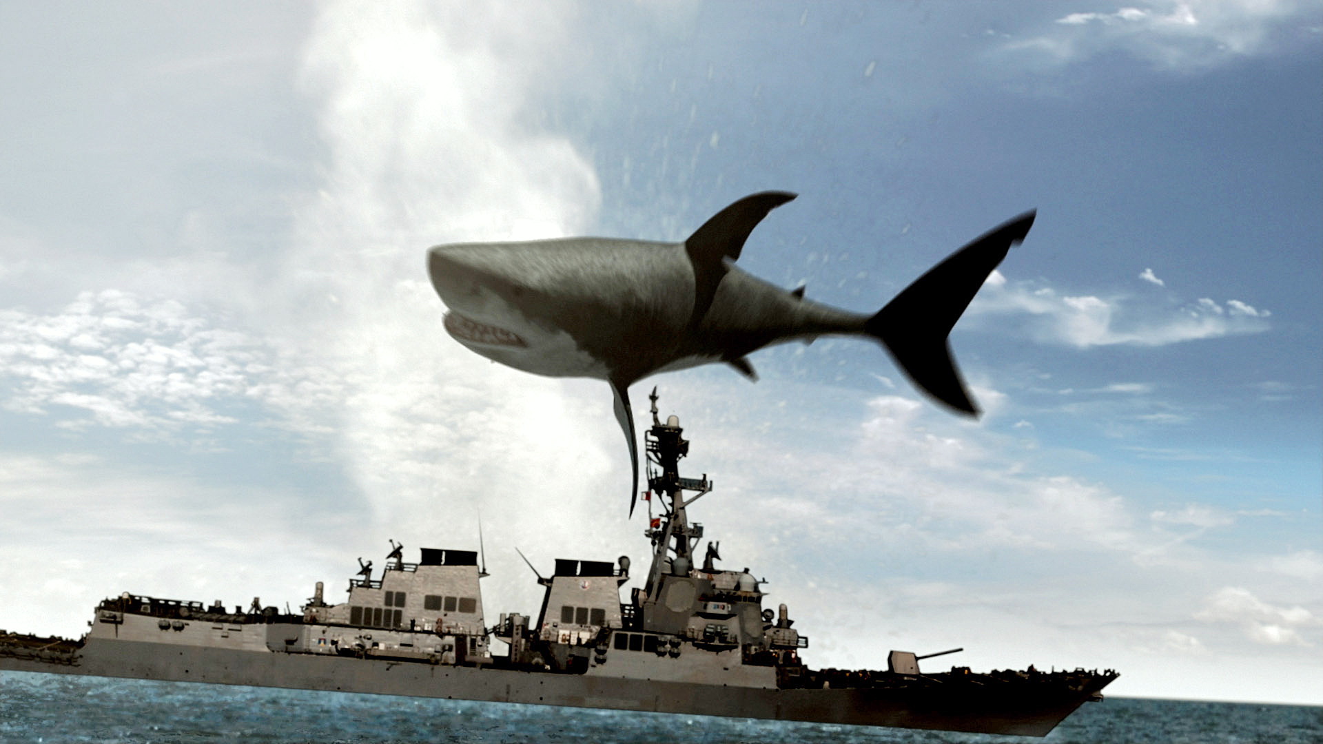 The Mega Shark jumps over a Navy destroyer in Mega Shark vs. Crocosaurus (2010)