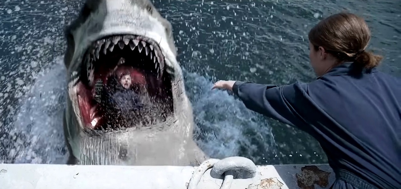 Lukas Charles Stafford falls into the mouth of the megalodon in Megalodon Rising (2021)