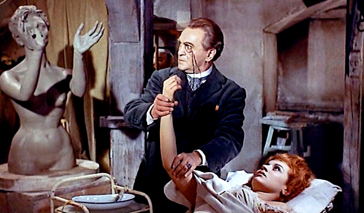 Professor Gregorius Wahl (Herbert Boehme) prepares to turn Liana Orfei into a mannequin in Mill of the Stone Women (1960)