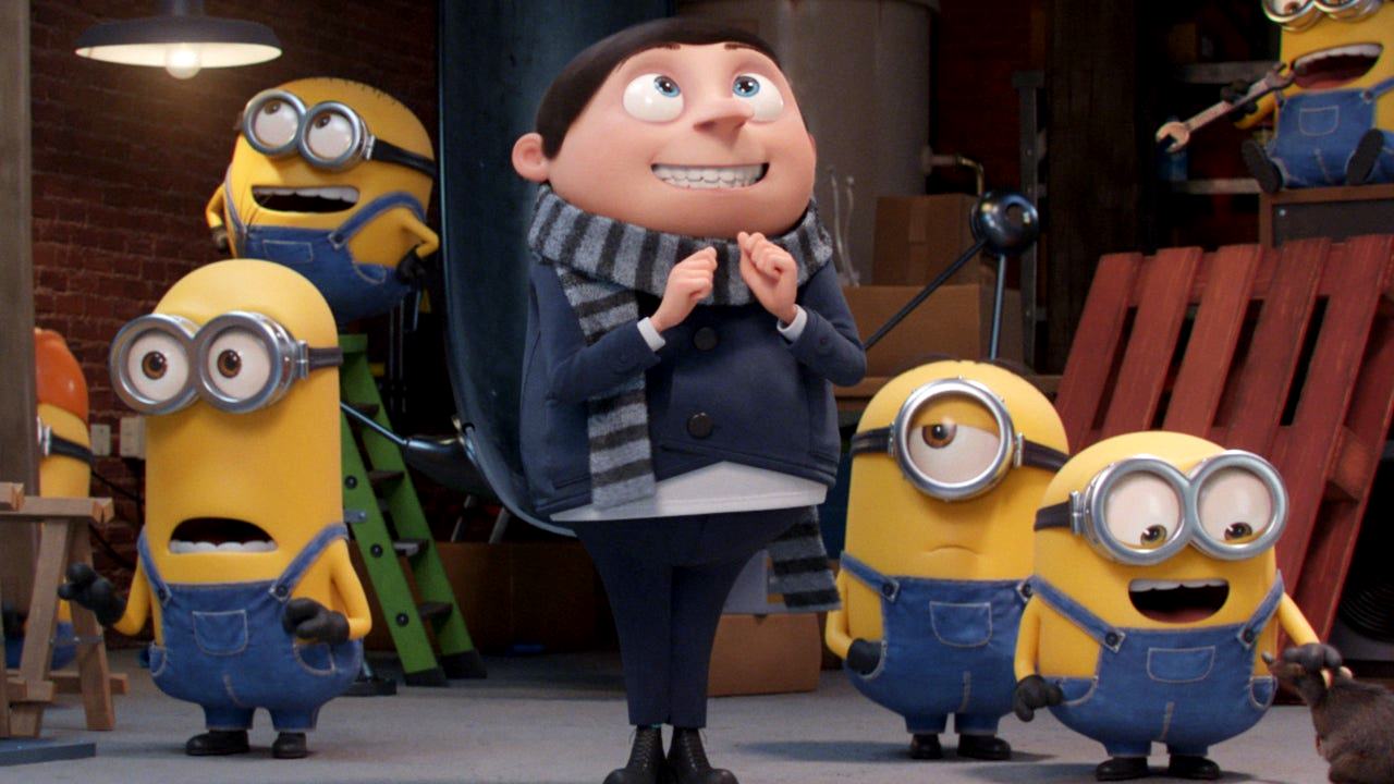 Young Gru (voiced by Steve Carell) and the Minions in Minions The Rise of Gru (2022)