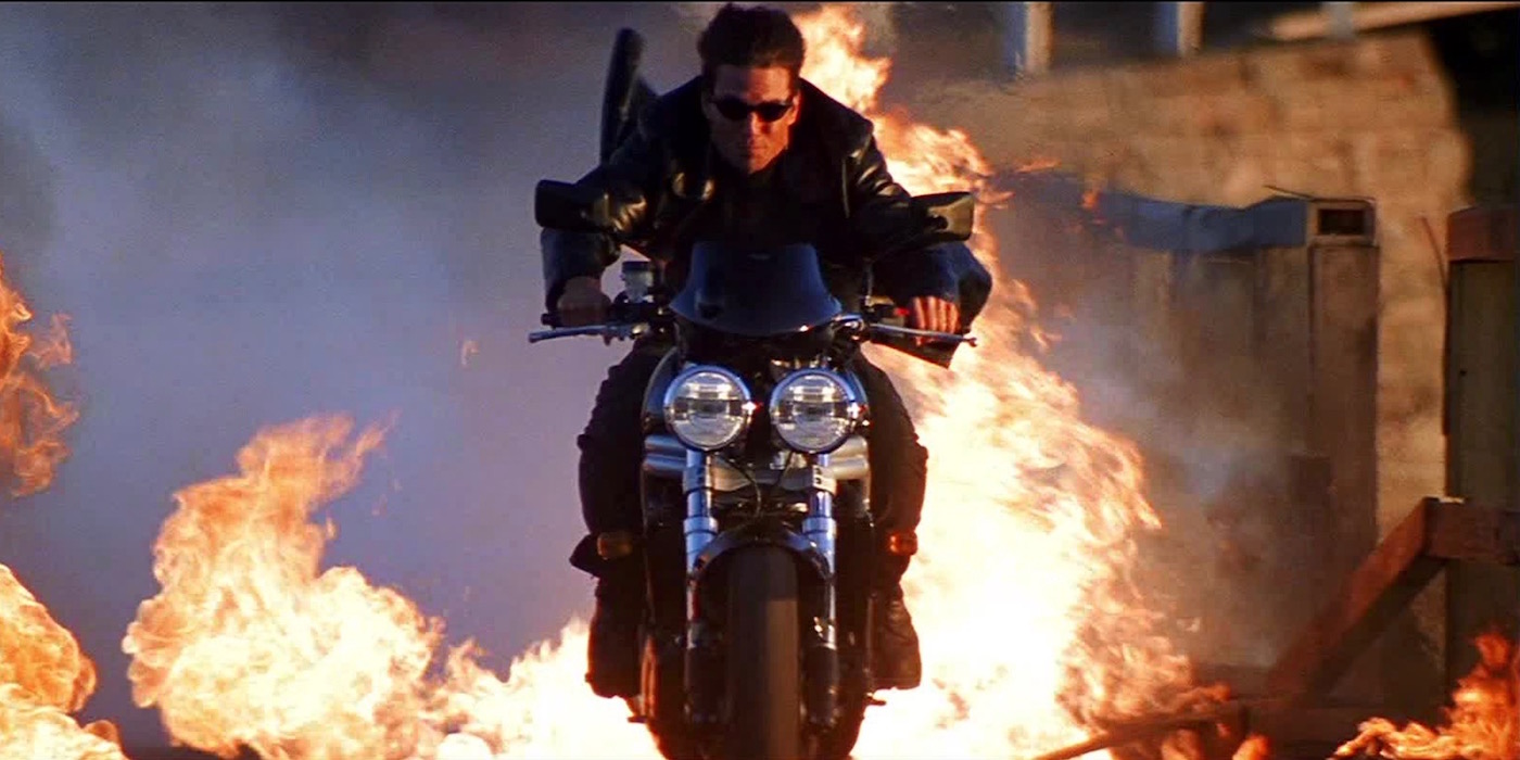 Tom Cruise in a motorcycle stunt sequence in Mission: Impossible II (2000)