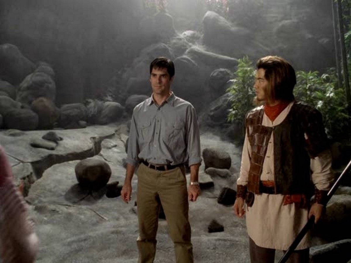 (l to r) Scholar Nicolas Orton (Thomas Gibson) and The Monkey King (Russell Wong) in The Monkey King (2001)