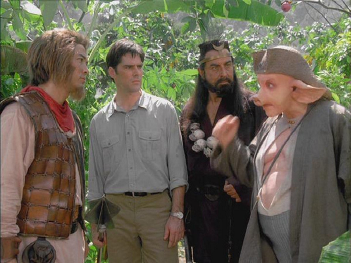 Russell Wong as The Monkey King, scholar Thomas Gibson, Kabir Bedi as Friar Sand and Eddie Marsan as Pigsy in The Monkey King/The Lost Empire (2001)