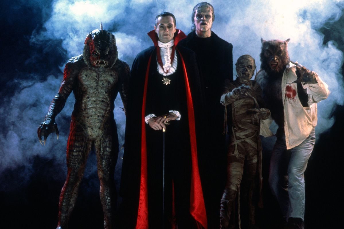 The Gill Man (Tom Woodruff, Jr.), Count Dracula (Duncan Regehr), the Frankenstein Monster (Tom Noonan), The Mummy (Michael MacKay) and The Wolfman (Carl Thibault) in The Monster Squad (1987)