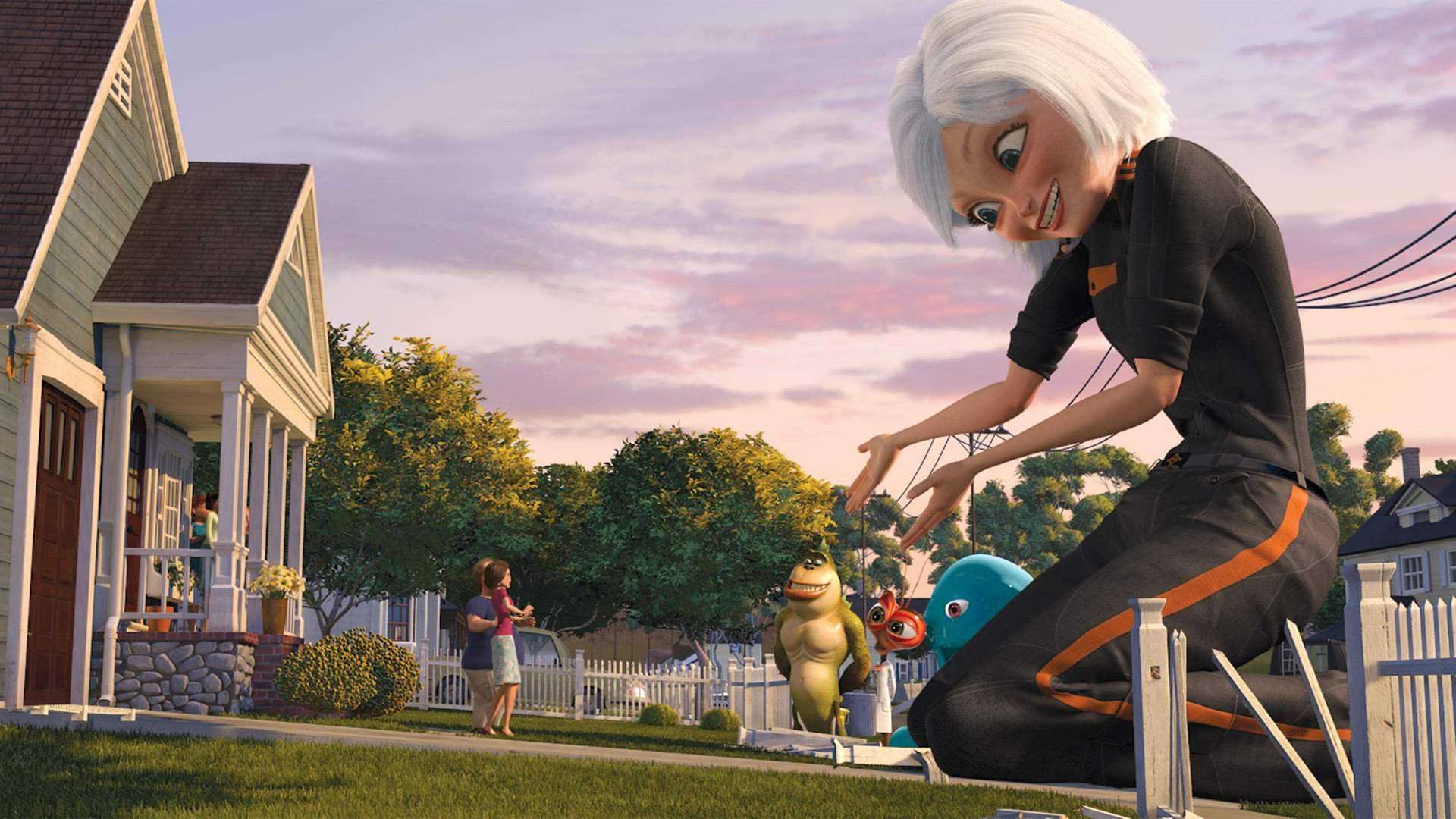 (right from front to back) Susan (voiced by Reese Witherspoon), B.O.B. (voiced by Seth Rogen), Dr Cockroach Phd (voiced by Hugh Laurie) and The Missing Link (voiced by Will Arnett) in Monsters vs Aliens (2009)